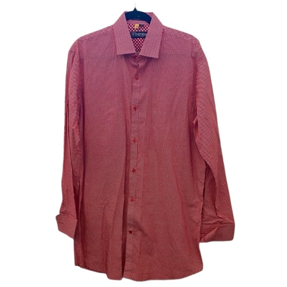 Stacy Adams Classic Red & White Patterned Polka Dot Dress Shirt.  Sz 16 1/2.